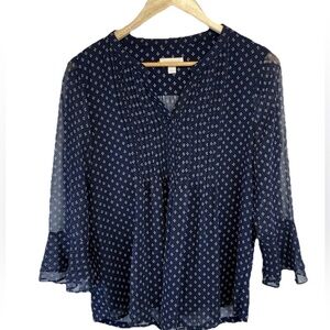 Charter Club Womens Print  Pintuck 3/4 Sheer Sleeve Top Intrepid Blue White PL